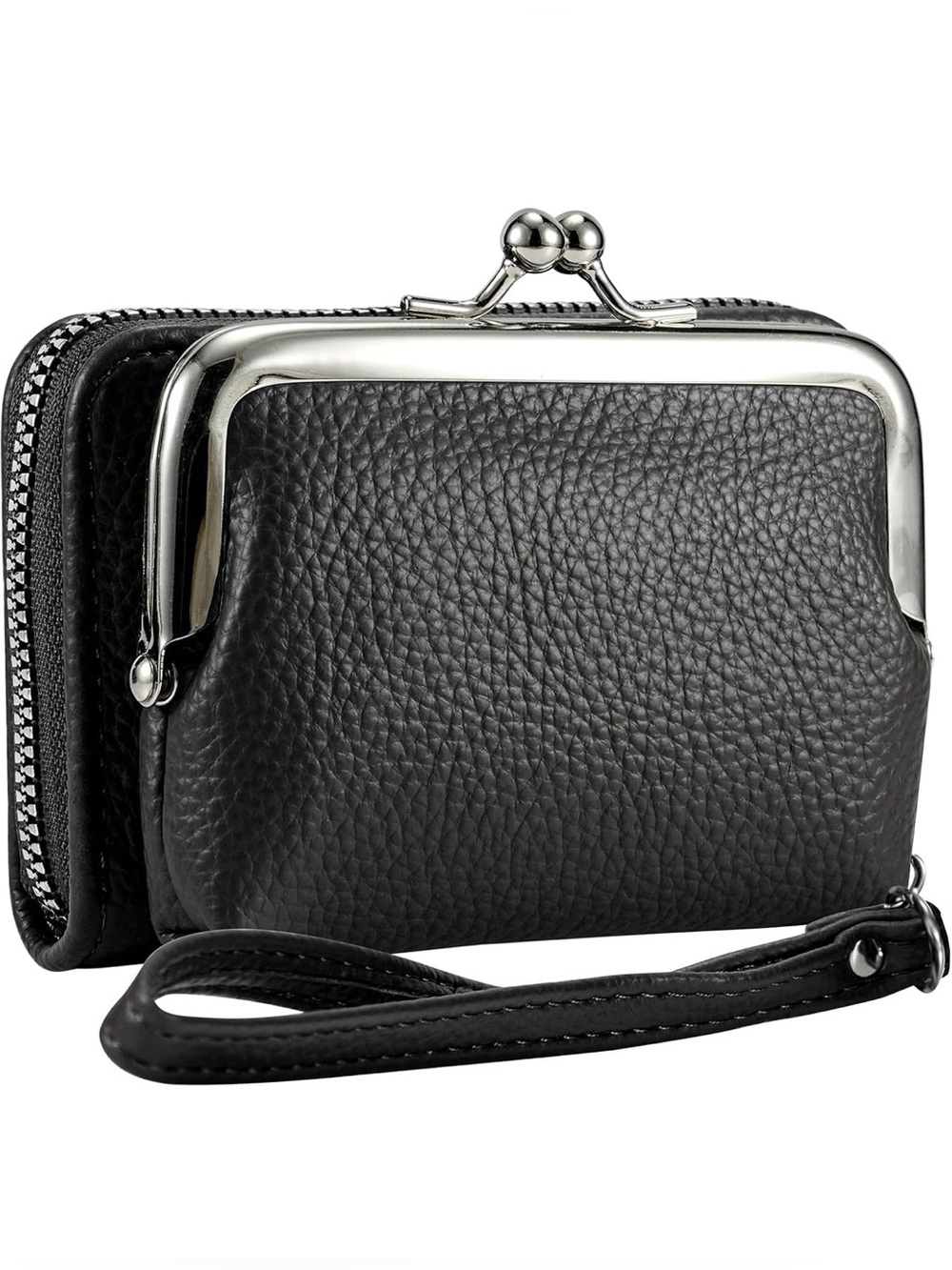 Black Pebbled Leather Wristlet Wallet with Silver-Tone Frame